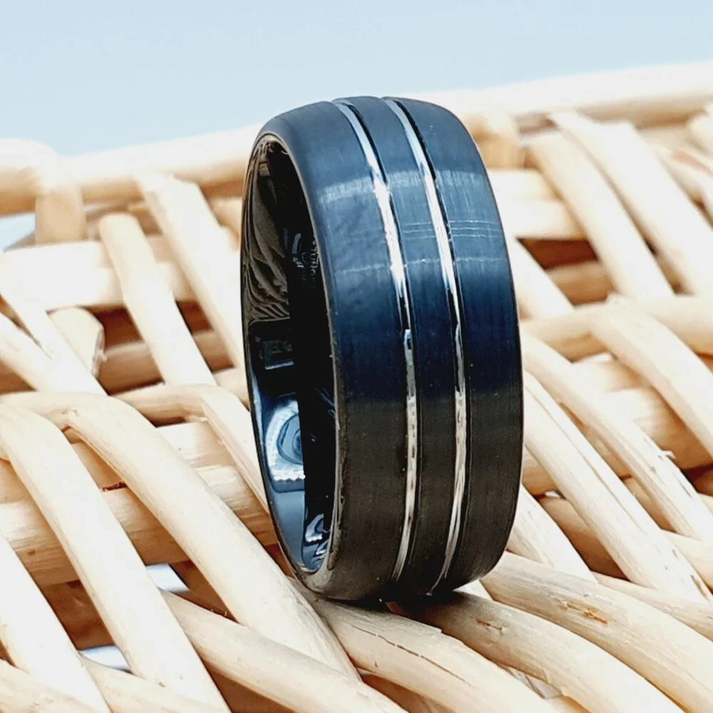 "Couble Groove Design Black Tungsten Wedding Band, GALTUN945 - Picture 2 of 4